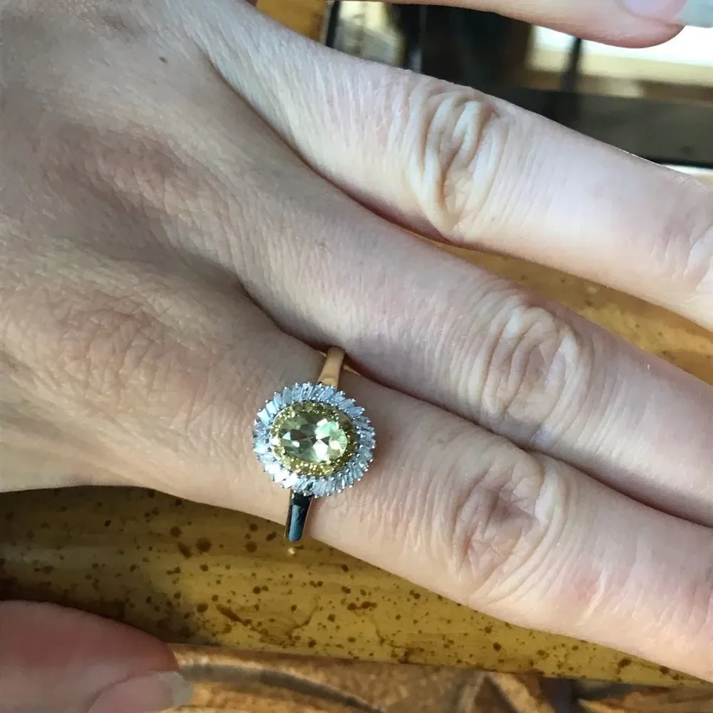 Natural Diamond Golden Apatite Sterling Silver Halo Ring Size 10